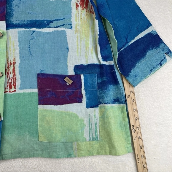 Ali Miles Green Blue Artsy Print Blouse Linen Lagenlook Button Front Top Size XL - Picture 9 of 11